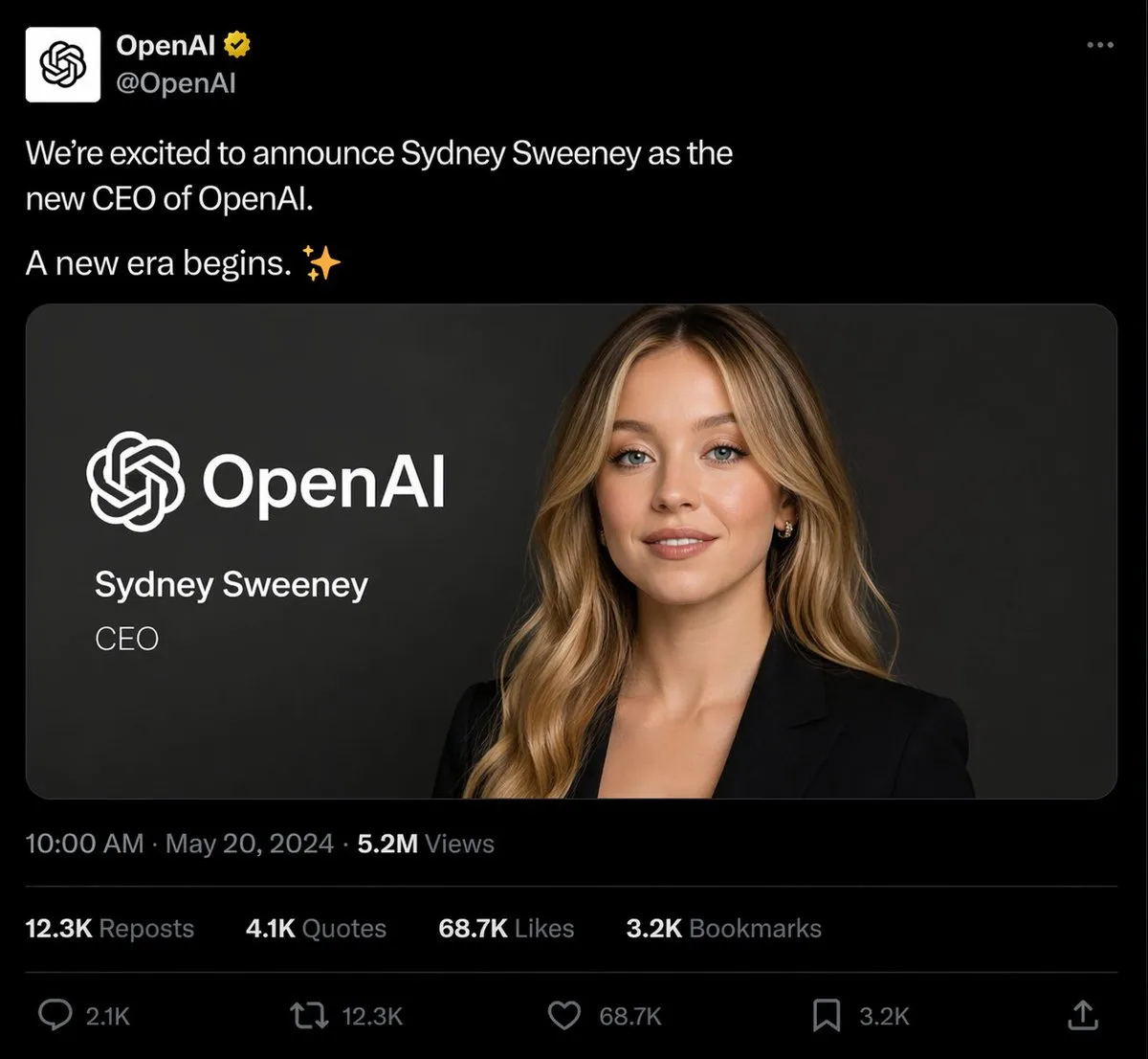 Ảnh chụp bài đăng X thông báo bổ nhiệm của OpenAI