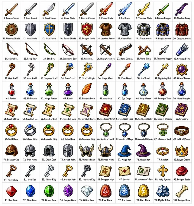 Lưới vật phẩm RPG phong cách retro