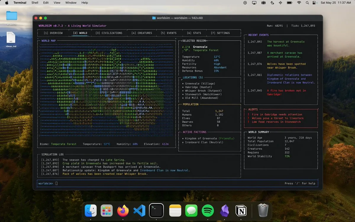 Giao diện mô phỏng thế giới trên Terminal Mac