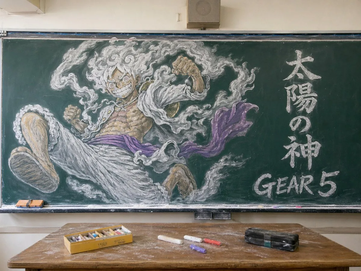 Tranh vẽ phấn Luffy Gear 5 trên bảng lớp học