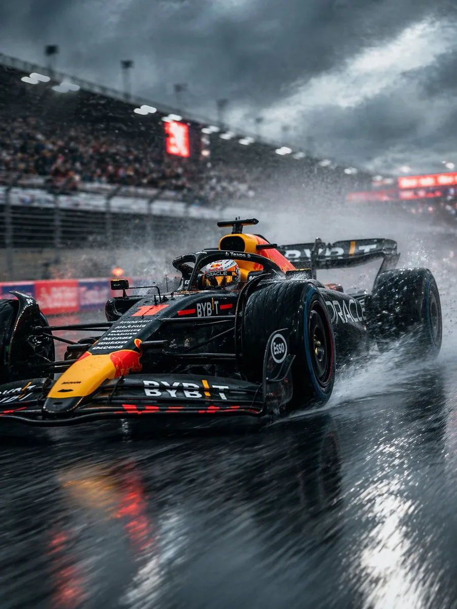 Xe đua F1 bứt tốc trong cơn mưa lớn