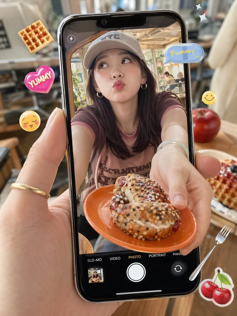 Ảnh chụp món ăn qua màn hình điện thoại trong quán cà phê
