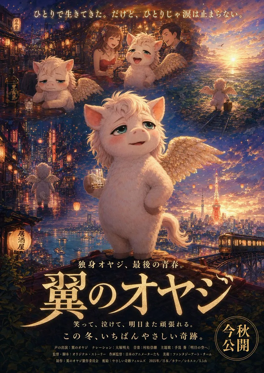 Poster phim kỳ ảo chú heo có cánh phong cách Nhật Bản