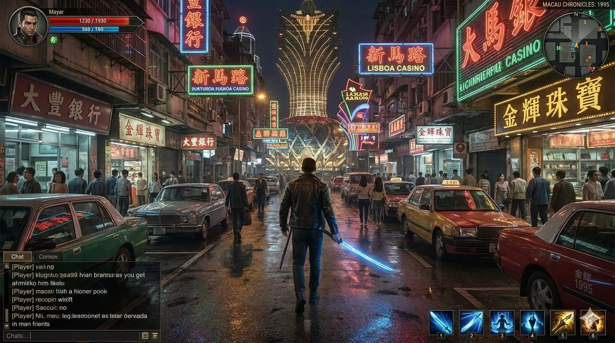 Ảnh gameplay RPG hành động phố đêm Macau ánh neon kèm HUD
