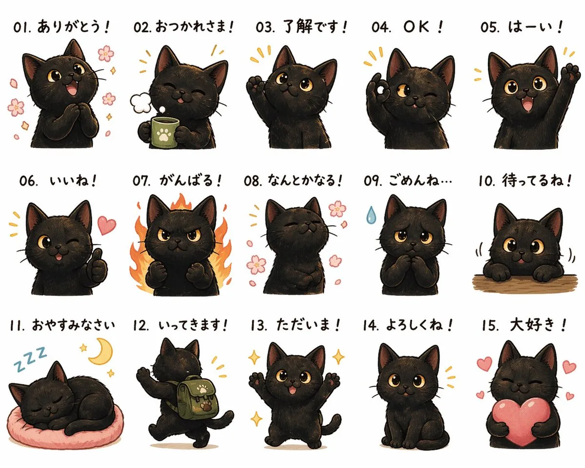 Bộ sticker mèo đen phong cách Nhật Bản dễ thương