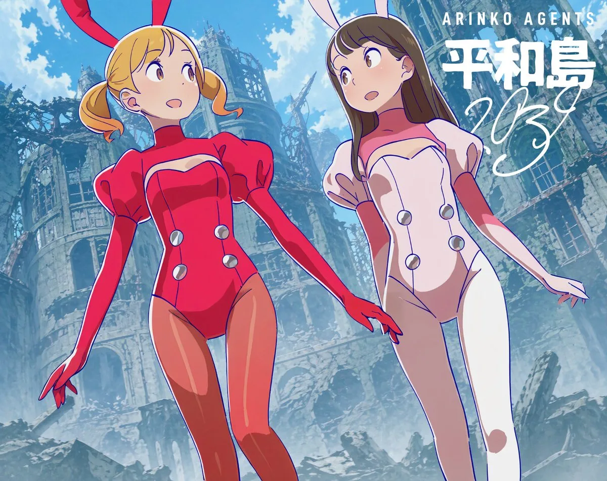 Hai cô gái thỏ anime góc thấp trong tàn tích