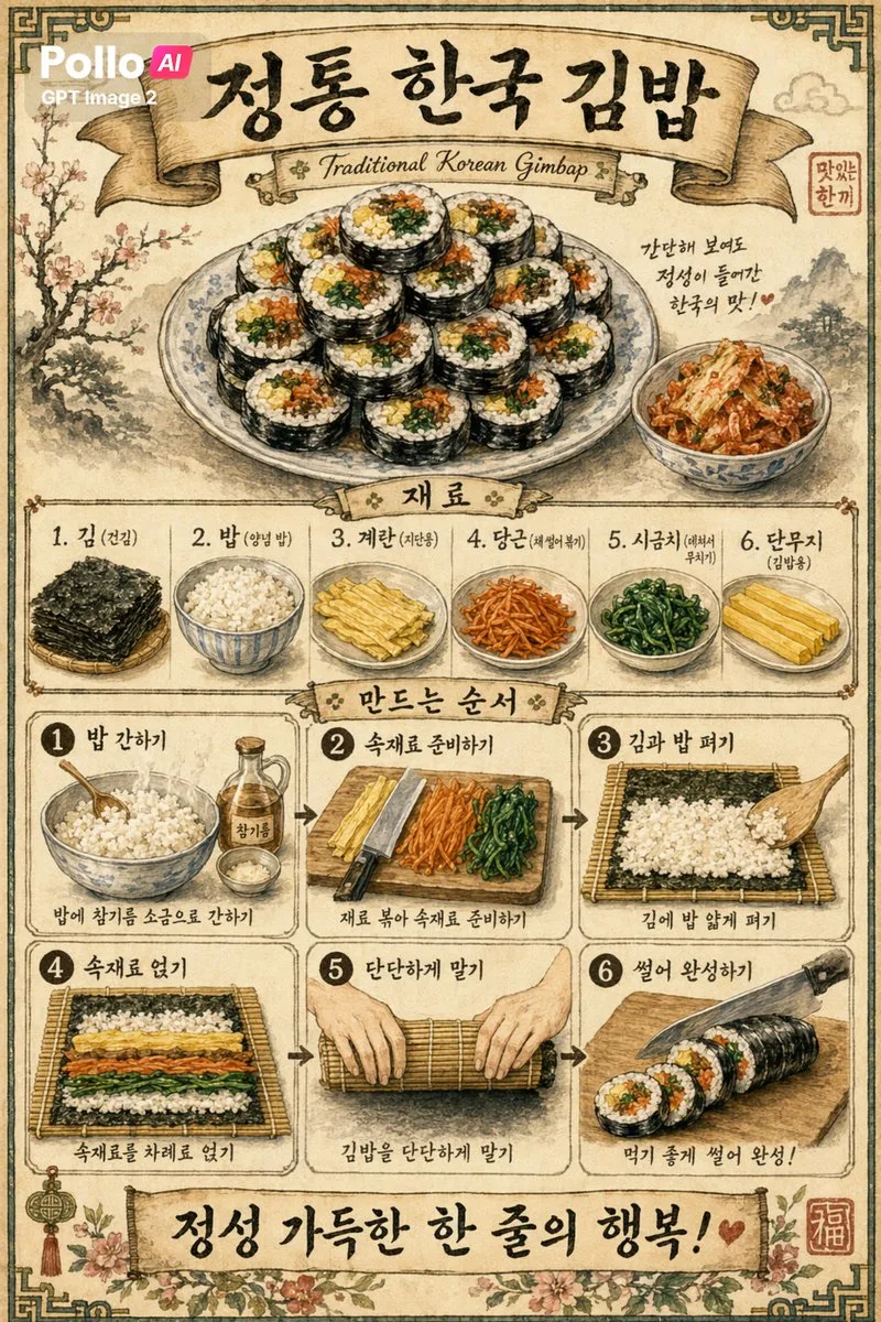 Poster infographic công thức Gimbap Hàn Quốc cổ điển