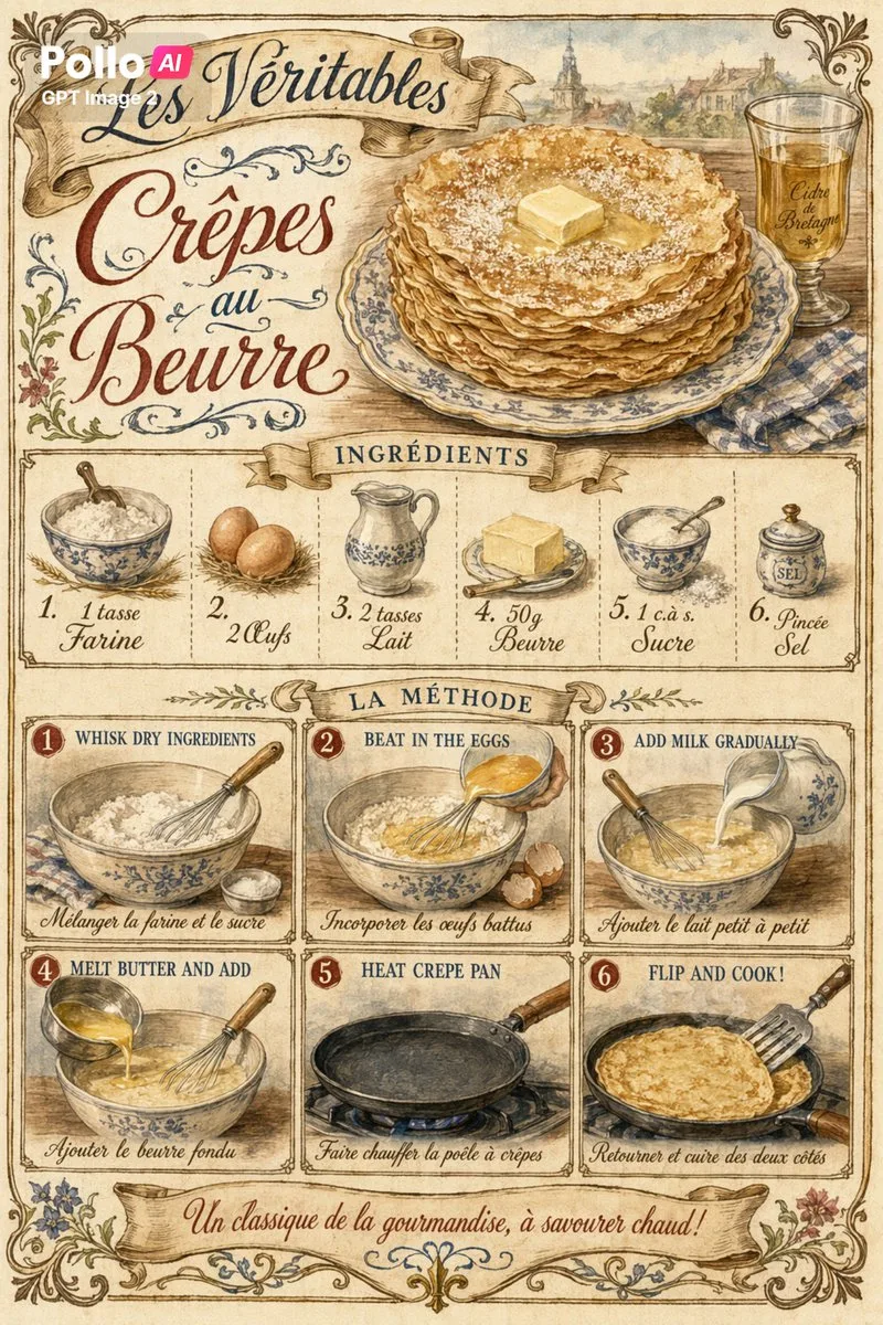 Poster công thức bánh crêpe bơ kiểu Pháp cổ điển