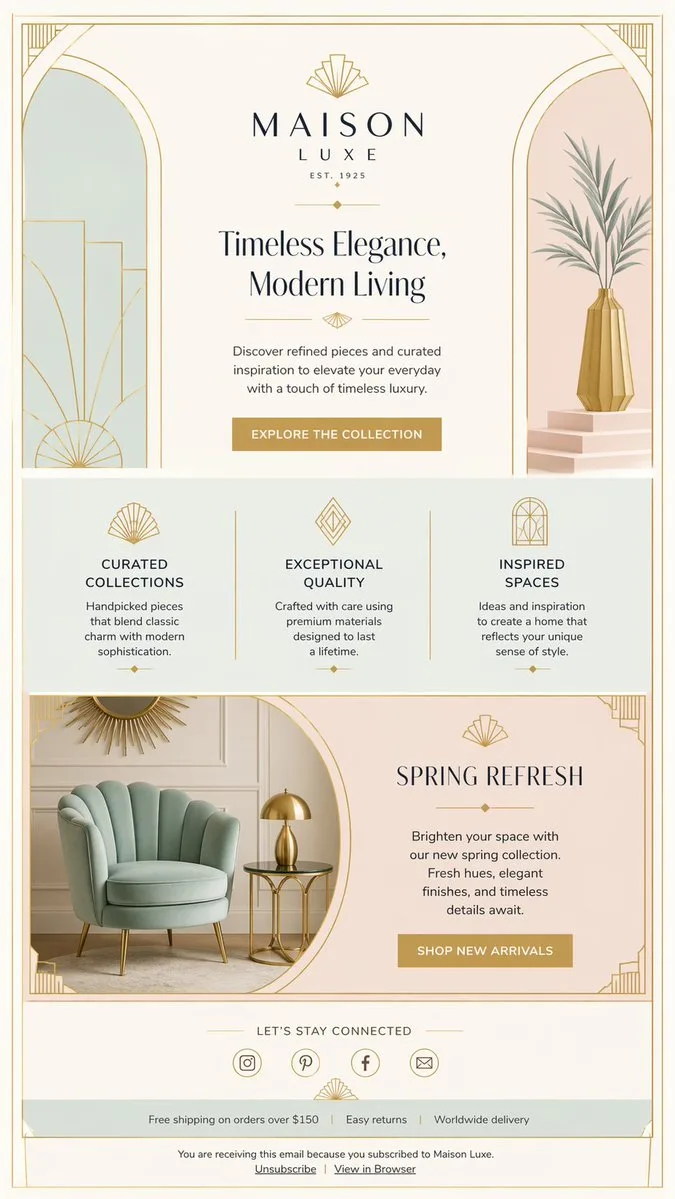 Layout email quảng bá nội thất Art Deco sang trọng