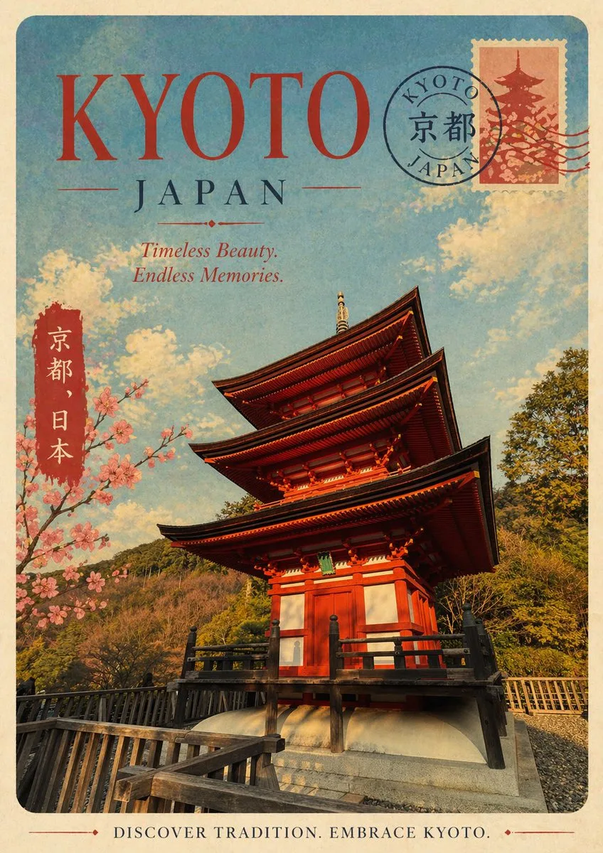 Poster du lịch Kyoto phong cách cổ điển