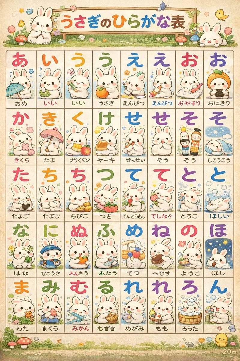 Poster bảng chữ cái Hiragana chú thỏ dễ thương