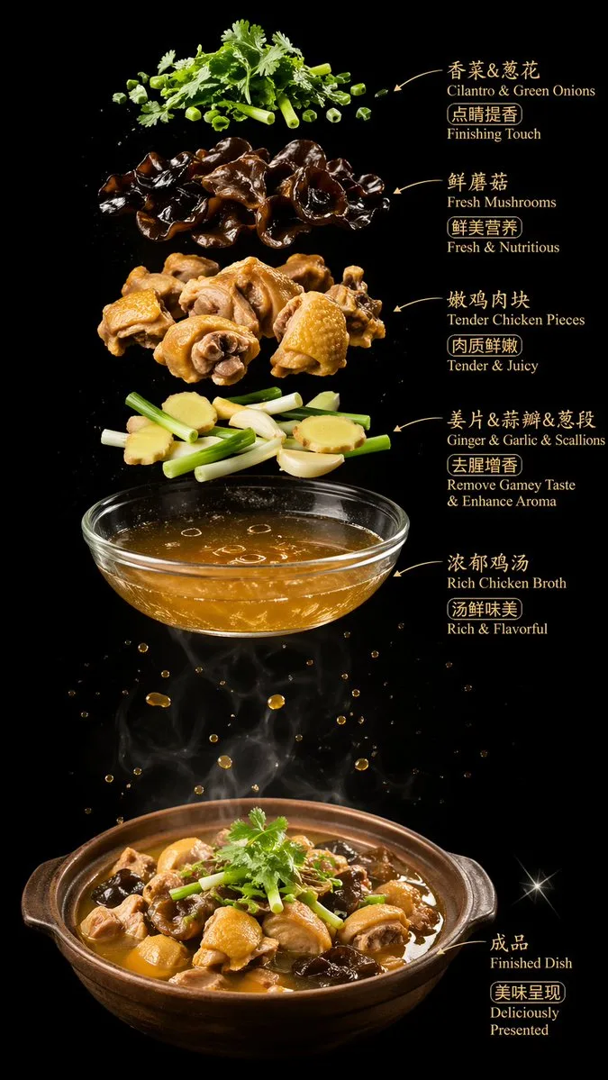 Poster nguyên liệu súp gà nấm niêu đất cao cấp