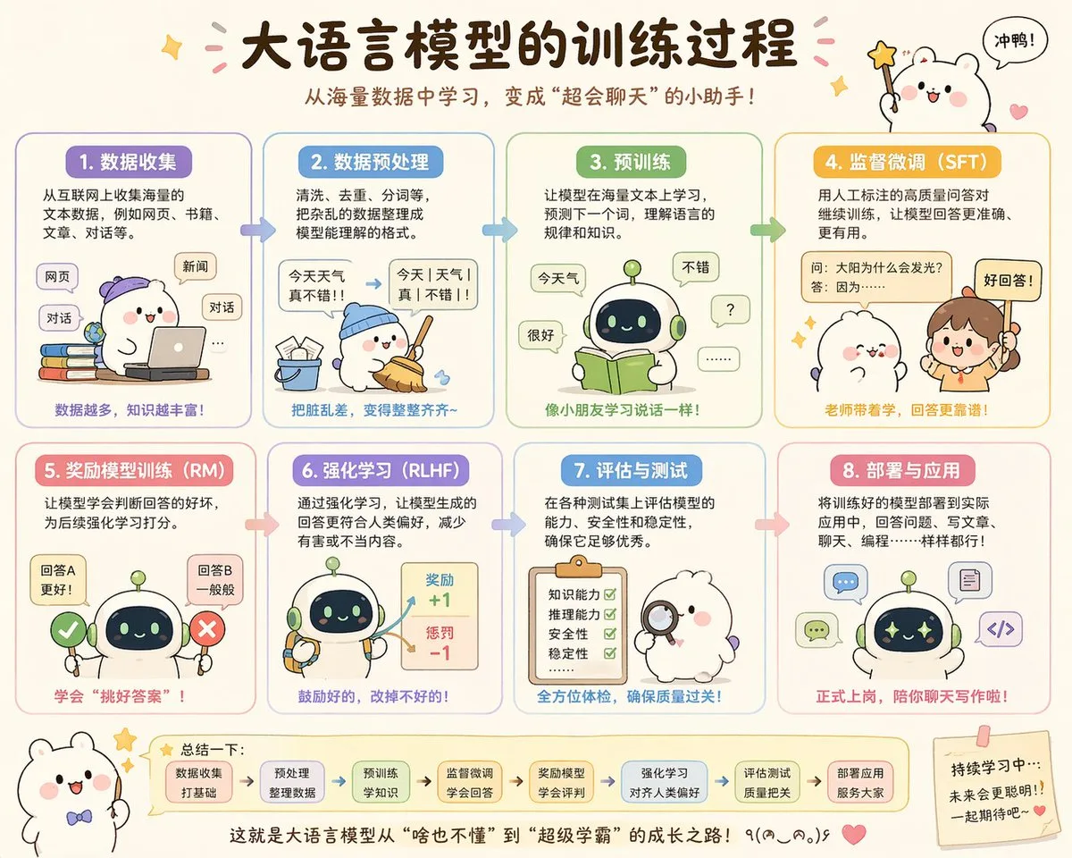 Infographic hoạt hình dễ thương về quy trình huấn luyện LLM