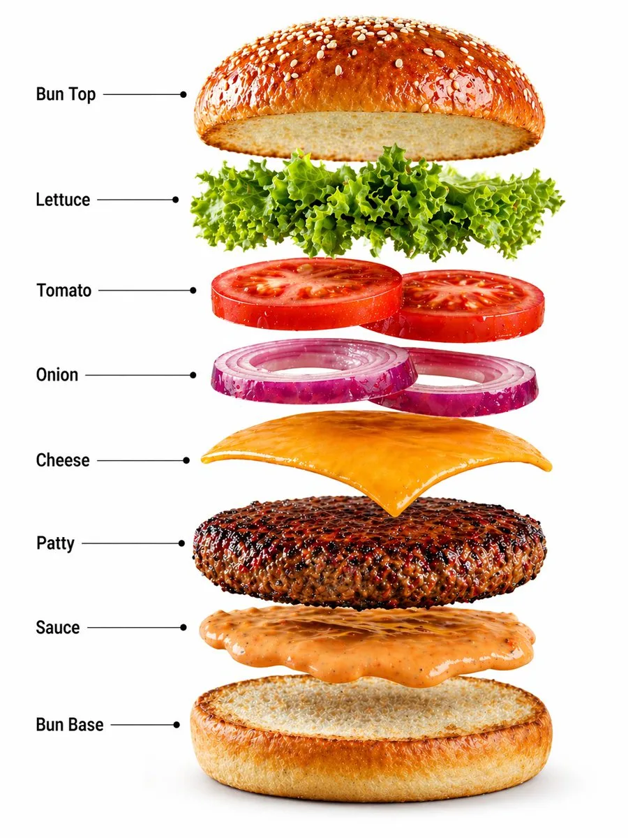 Ảnh quảng cáo burger cao cấp dạng infographic phân rã