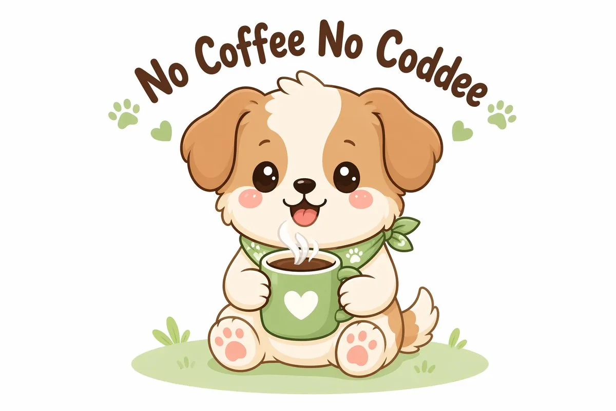 Minh họa vector chú chó kawaii bên tách cà phê