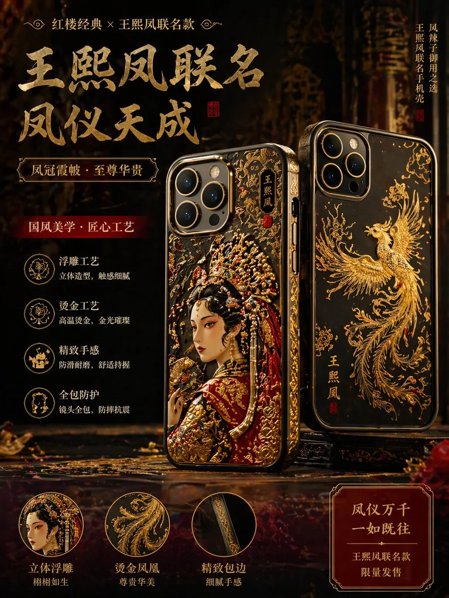Ốp lưng điện thoại họa tiết phượng quan hà phi phù điêu chỉ vàng