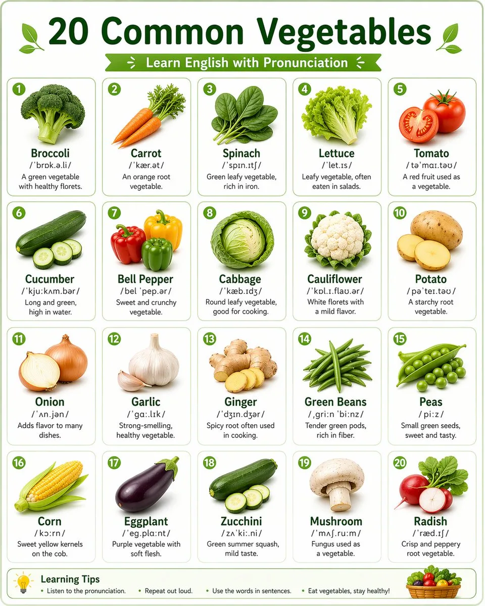 Poster infographic học từ vựng tiếng Anh về rau củ