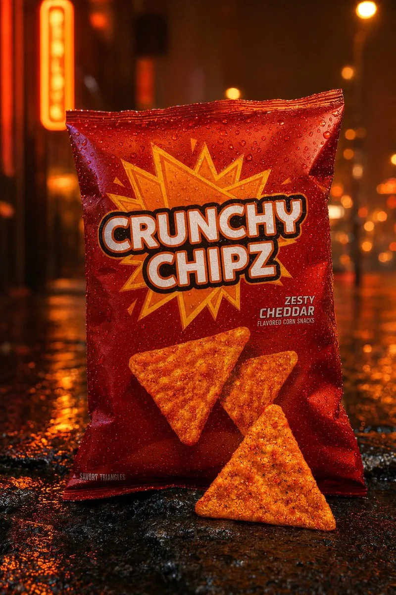 Quảng cáo gói snack dưới mưa neon