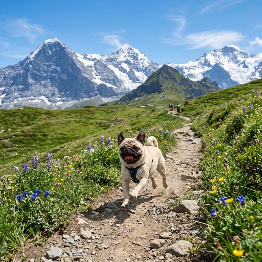 Chó pug chạy trên đường mòn núi cao