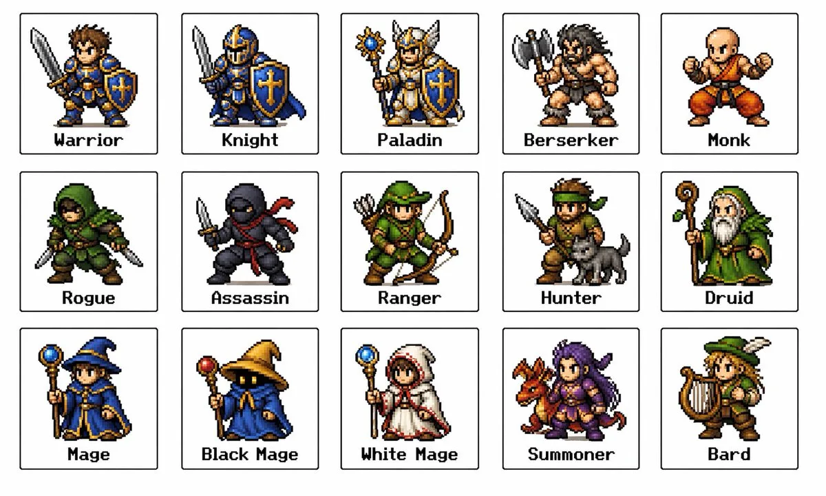 Bảng sprite các lớp nhân vật RPG fantasy cổ điển