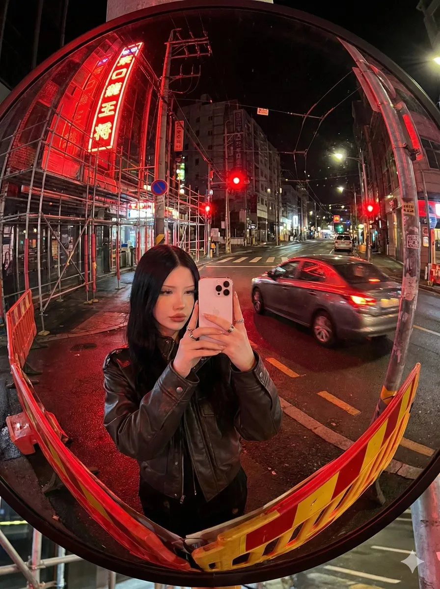 Selfie phố đêm neon qua gương cầu lồi