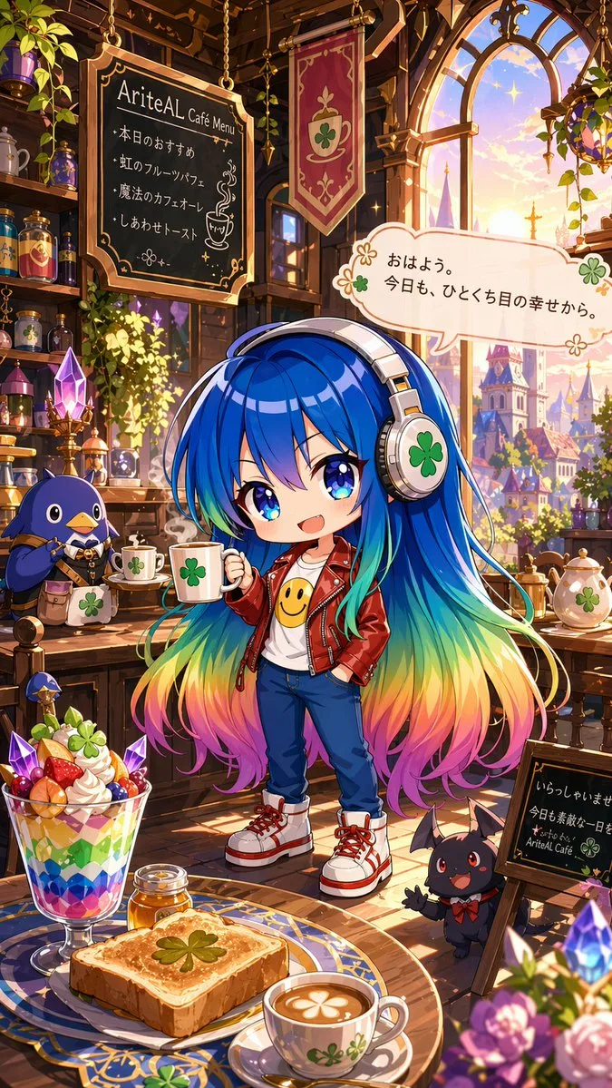 Linh vật chibi quán cà phê kỳ ảo lúc bình minh