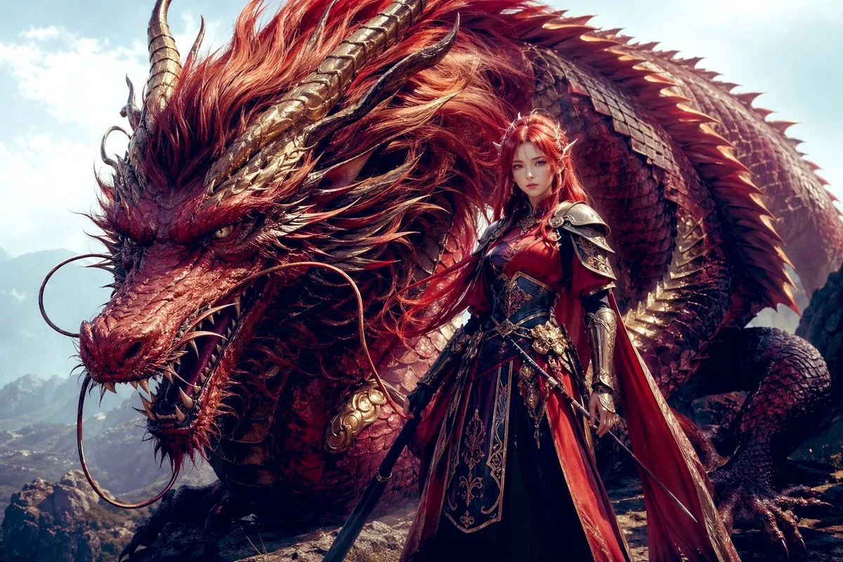 Nữ kỵ sĩ rồng và rồng đỏ khổng lồ