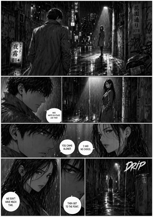 Trang manga noir trong con hẻm đêm mưa