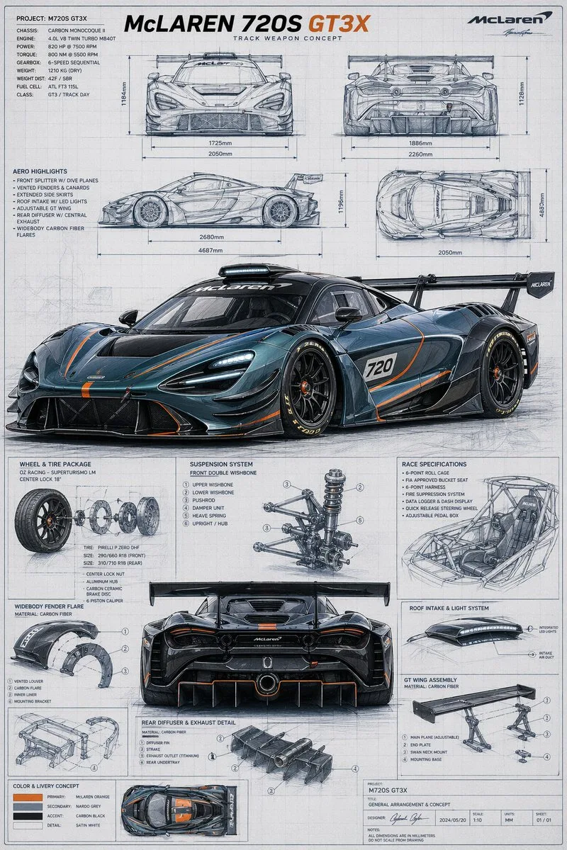 Poster bản vẽ kỹ thuật McLaren GT3X