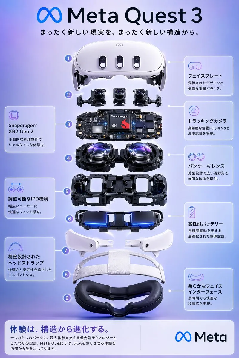 Poster đồ họa bóc tách cấu tạo Meta Quest 3