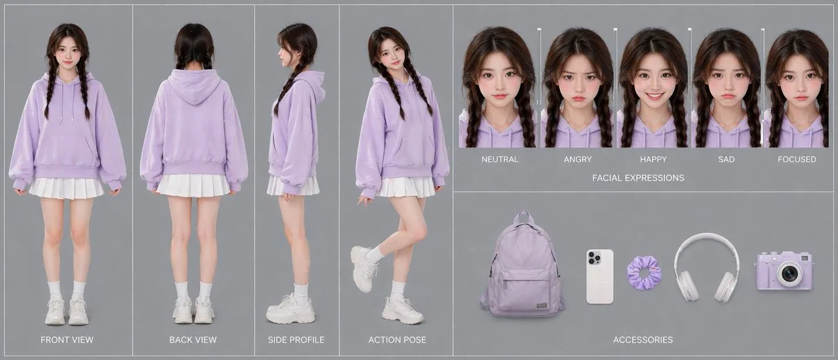 Bảng tham chiếu nhân vật áo hoodie tím lavender