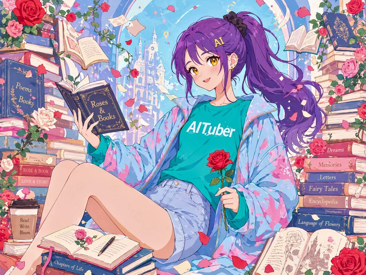 Minh họa end-card anime: Thiếu nữ bên hoa hồng và sách