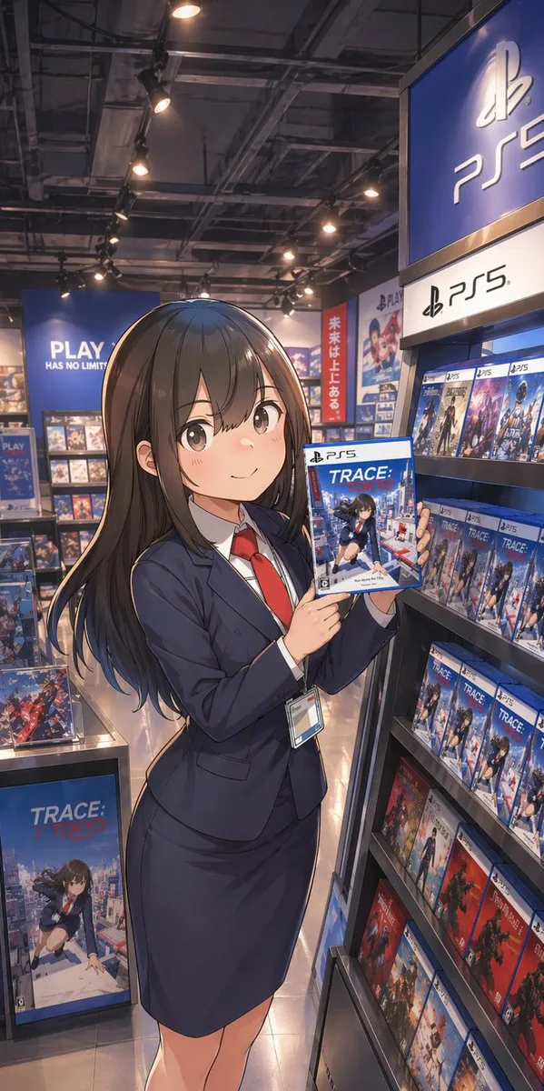 Nữ nhân viên anime trong cửa hàng game PS5