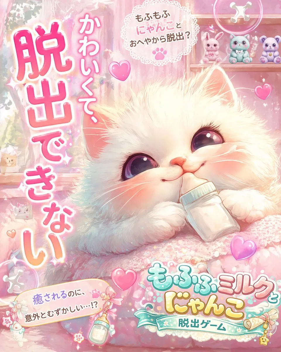 Poster quảng cáo game trốn thoát chú mèo con màu hồng kawaii
