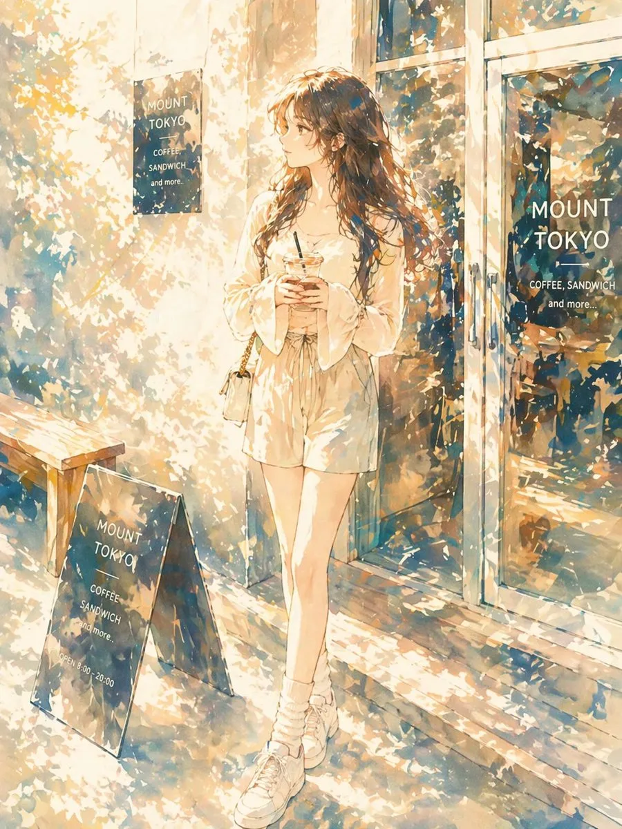 Cô gái anime đón nắng trước quán cà phê