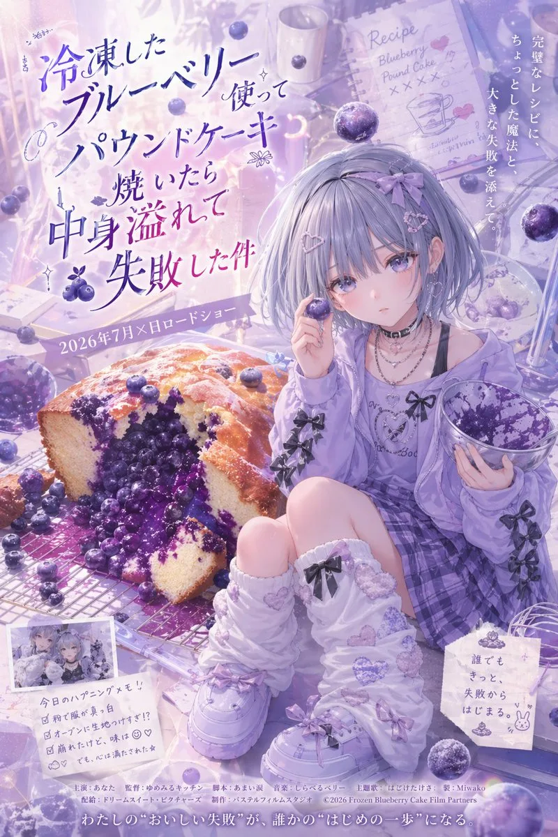 Poster anime bánh bông lan việt quất pastel