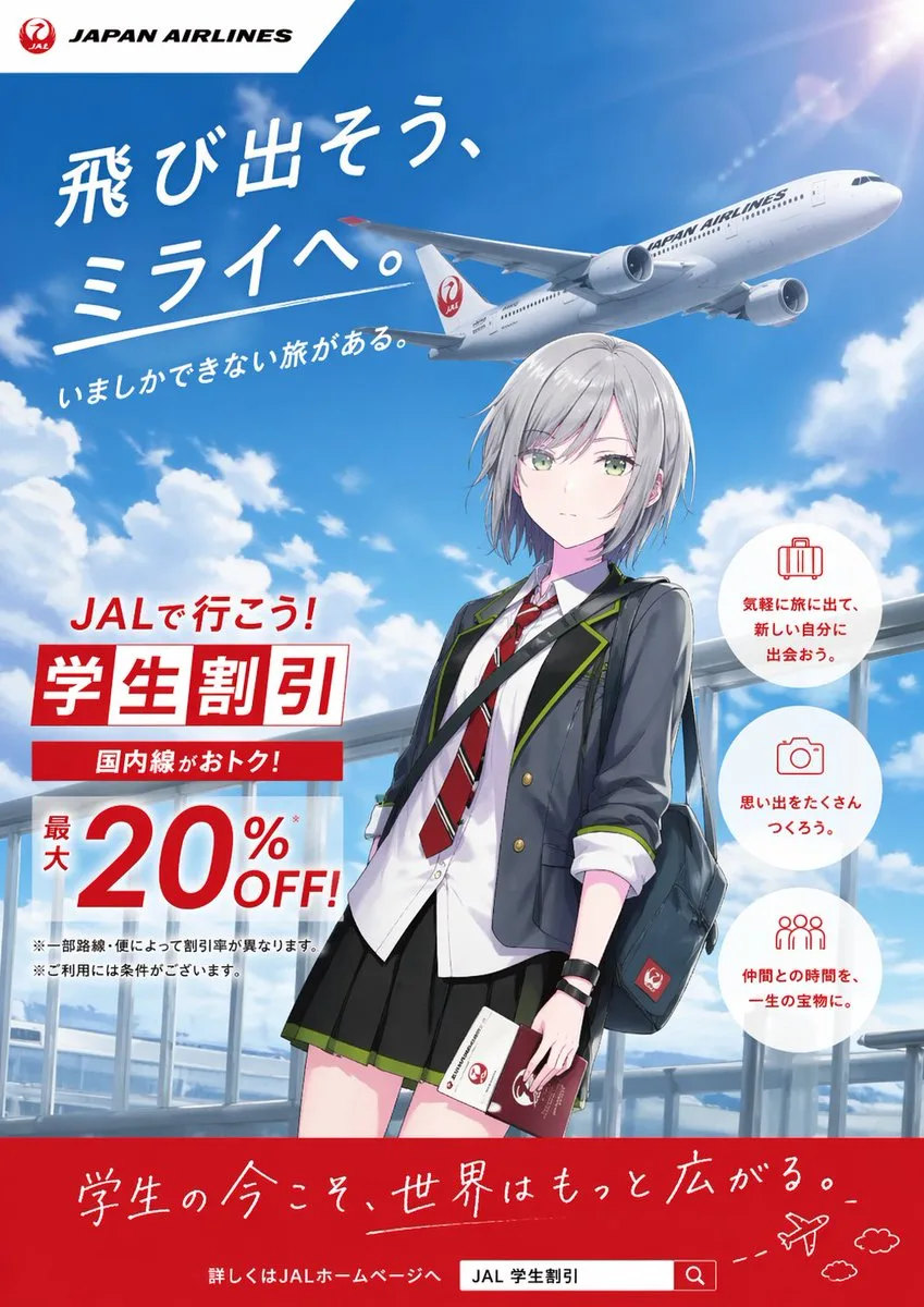 Poster anime quảng cáo ưu đãi vé máy bay học sinh sinh viên của JAL
