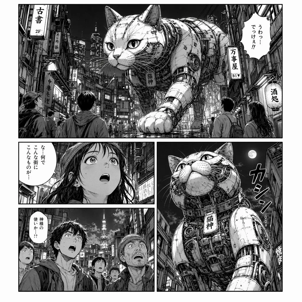 Trang manga cyberpunk mèo robot khổng lồ