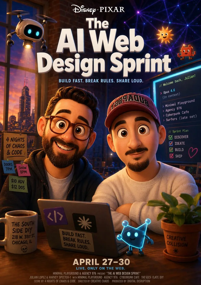 Poster sự kiện thiết kế web AI phong cách Pixar