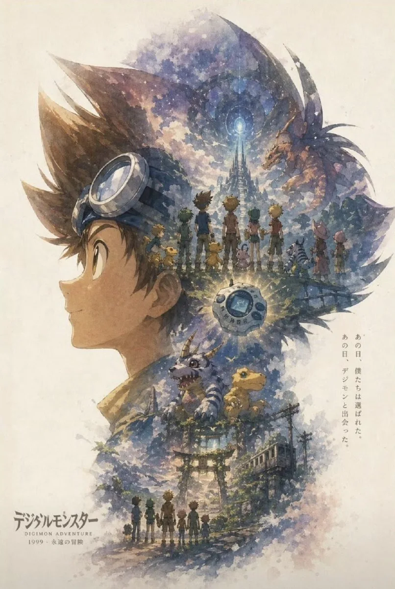 Poster anime phiêu lưu màu nước hoài niệm