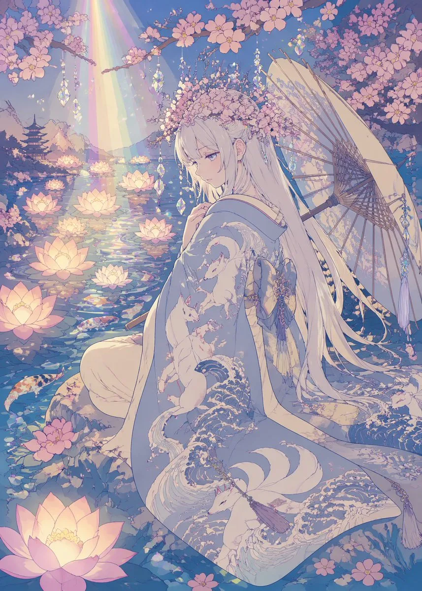 Thiếu nữ mặc kimono pastel bên hồ sen