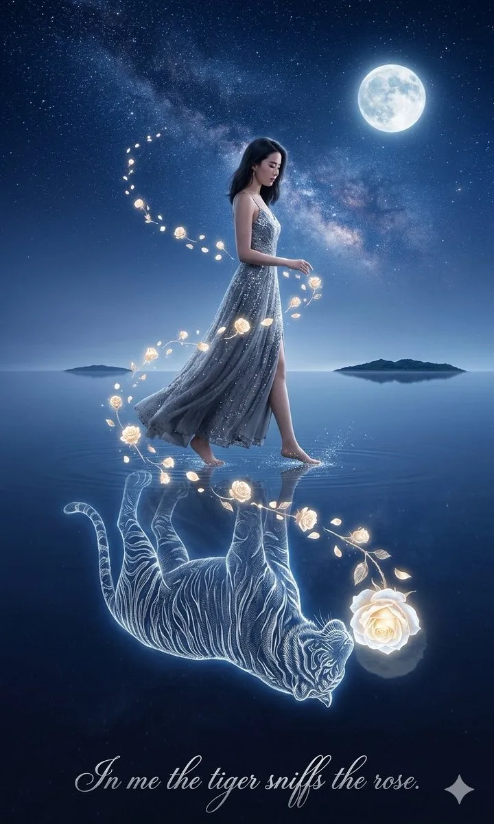 Poster kỳ ảo hổ và hoa hồng dưới ánh trăng
