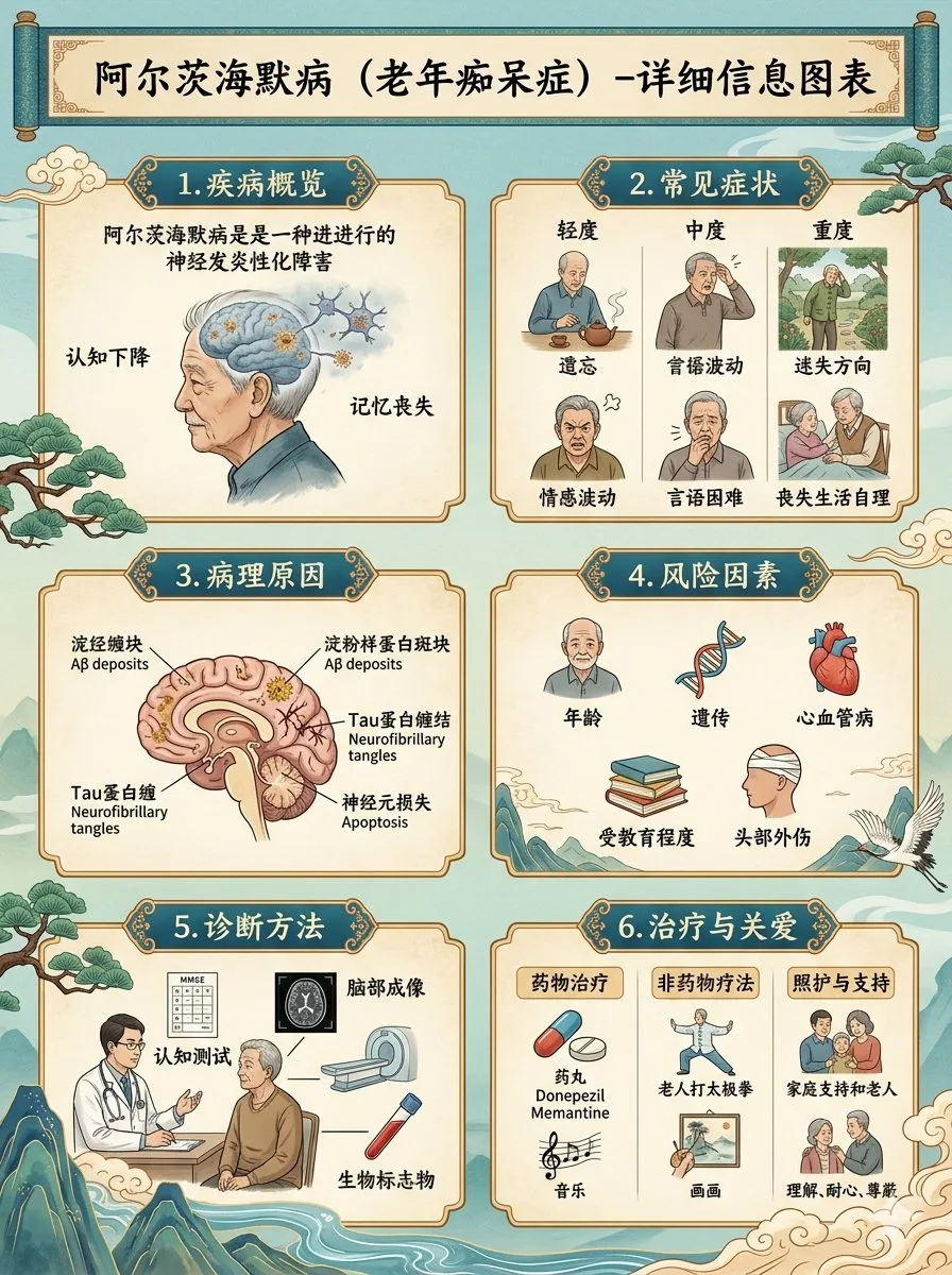 Poster infographic y tế về bệnh Alzheimer phong cách cổ điển Trung Hoa