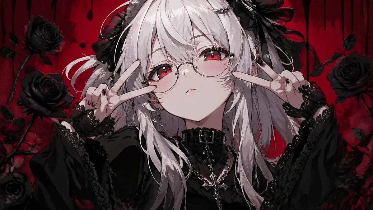 Cô gái anime gothic bên hoa hồng đen