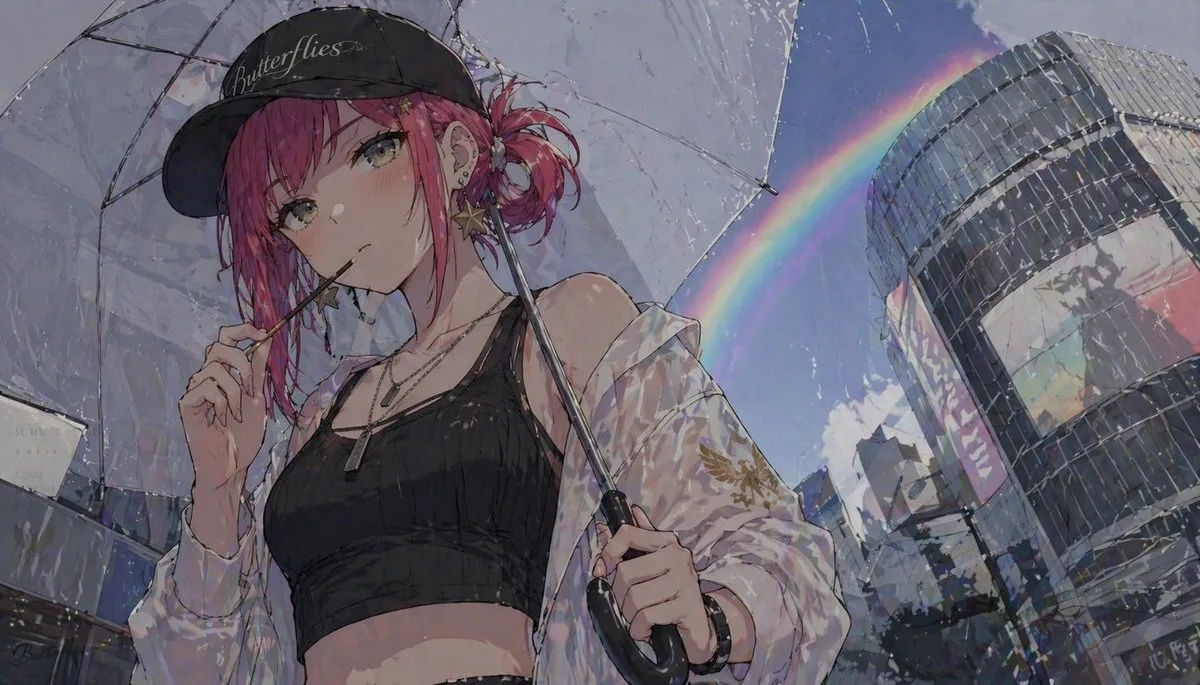 Cô gái anime cầm ô và cầu vồng
