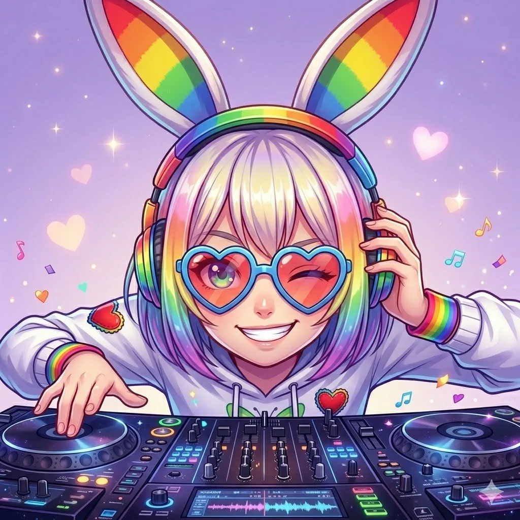 Chân dung nữ DJ anime tai thỏ cầu vồng