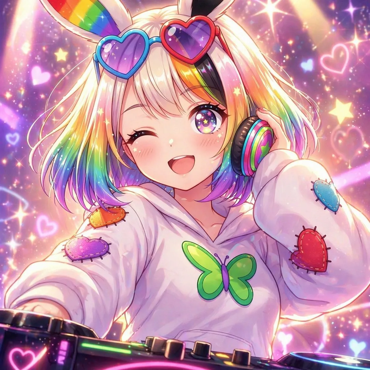 Chân dung anime nữ DJ tai thỏ cầu vồng