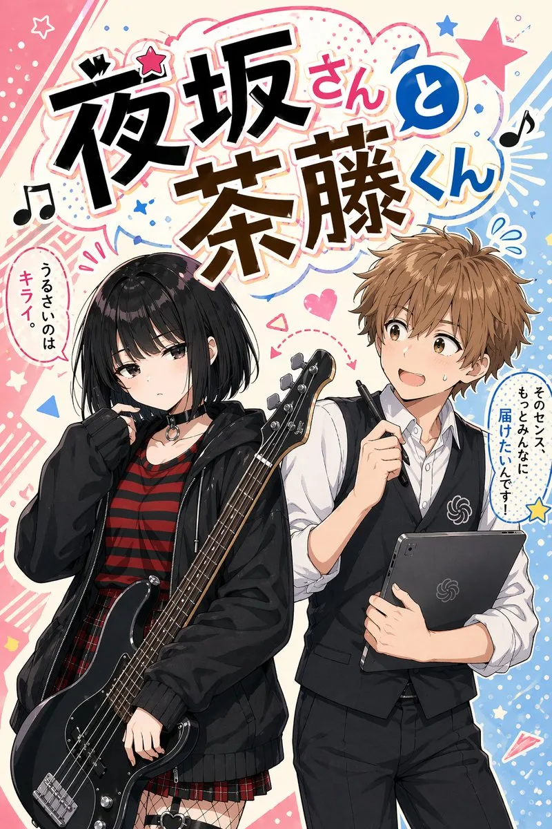 Bìa manga cô gái chơi bass và chàng trai thiết kế