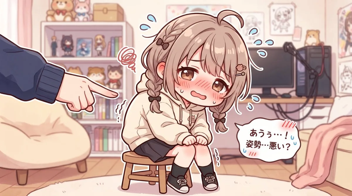Cô gái anime bối rối trên ghế đẩu nhỏ