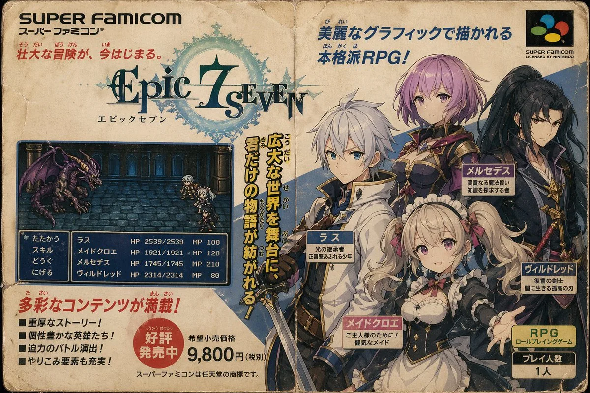 Quảng cáo game RPG Super Famicom phong cách retro